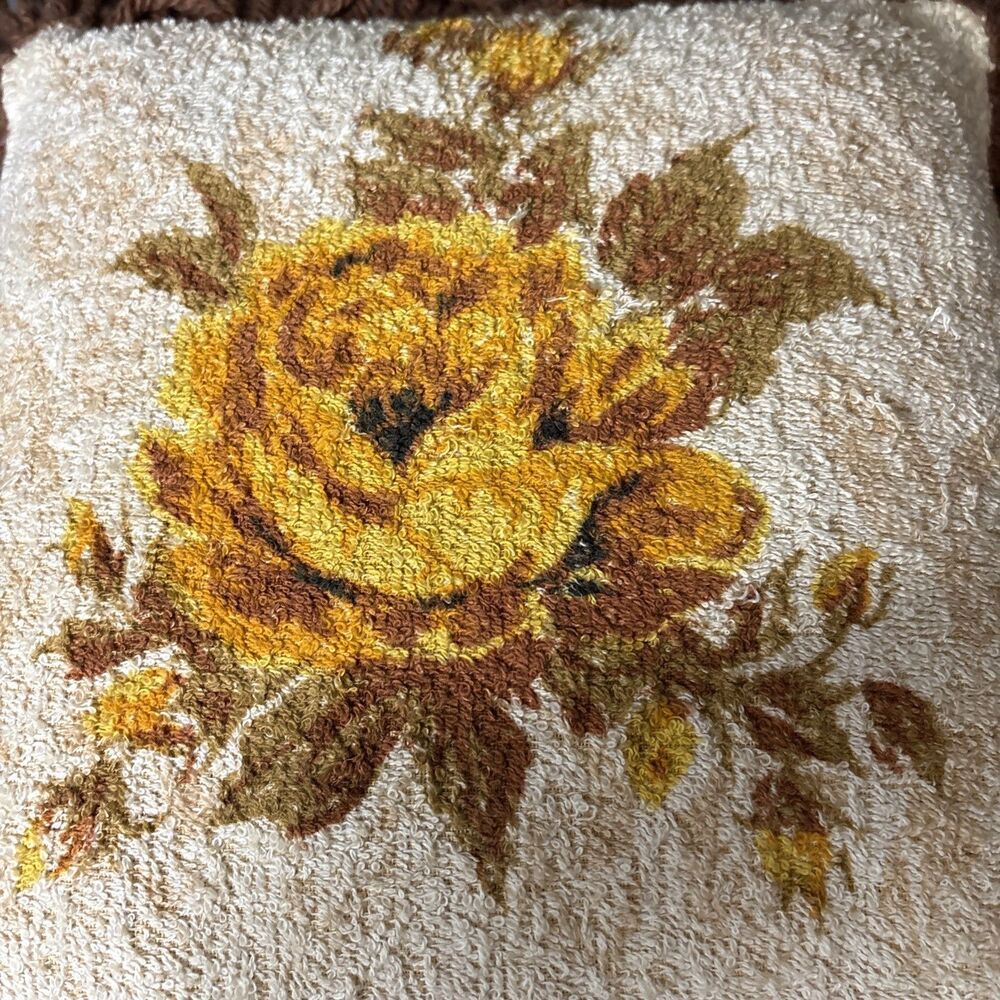 Vintage 70s Terrycloth Floral Pillow Yellow Brown Rose Fringe MCM Boho Retro